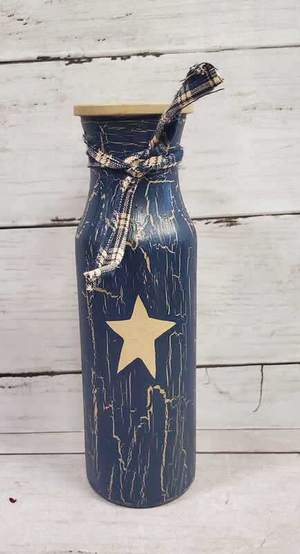 Primitive Vase Crackle Painted Navy Blue with Tan Star